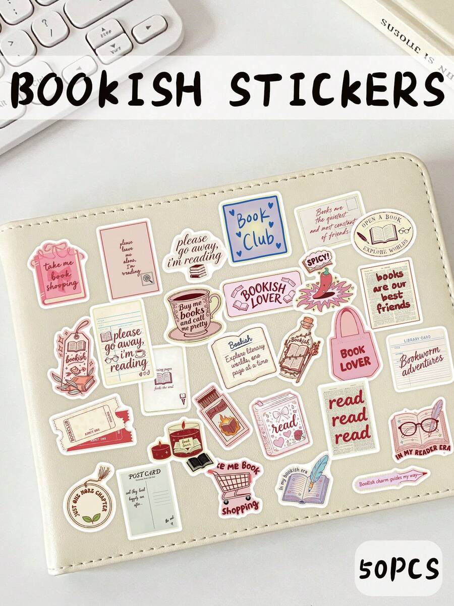 50Pcs Aesthetic Bookish Reading Theme Stickers Classic Vintage Book Quotes Waterproof Stickers Perfect For Personalized DIY Party Gift Laptop Skateboard Decor - Multicolor - View 1