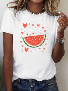 CamisetaTeediyparaMujerconEstampadodeAmantesdelaSandía-Topblancodecuelloredondo,cómodoycasualparaelverano,conestampadosderodajasdesandíaycorazonesbrillantes,unatuendolindoparaelverano,lavableamáquina,adecuadoparatodaslasestaciones,ropadeplaya/picniccontemáticadesandía. - Blanco - Ver 7