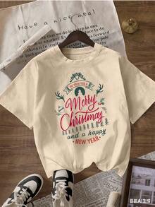 Christmas T-Shirt With "Merry Christmas" Text,  Short-Sleeved T-Shirt For Spring And Summer 2026, Made In Mexico, 180 Grams. Cartoon Print, Couple Design, Suitable For Indoor Or Outdoor Wear. Crew Neck, Unisex, Ideal For Office And Leisure. One-Pack. - APR-P631577SLNDXZGY561 - 查看 4