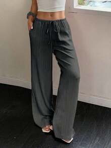 Women's Wide-Leg Pants With Diagonal Pocket, Tie Waist, And Solid-Color Textured Fabric - 灰色 - 查看 4