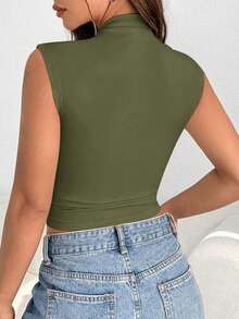 Blusa Sin Mangas Ajustada Con Cuello Alto Y Plisados, Ropa De Verano - Verde militar - Ver 2