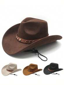 1 Stück Unisex Western Cowboyhut, Filzhut mit Nieten für Cowgirls mit breiter Krempe & Kinnriemen, Vintage Sonnenhut für Outdoor, Partys, Festivals, 4 Farben erhältlich - Verschiedenfarbig - View 6