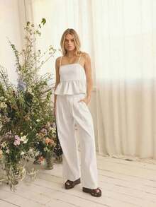 Conjunto de verano para mujer con top casual de tela de mezclilla suave, con tirantes de espagueti, bajo con volantes, ajustado al busto y silueta fluida - Blanco - Ver 5