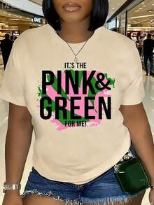 1 Piece Graphic2026 Women's Round Neck T-Shirt J15 AKA 1908 - Black With Empowerment Slogans In Pink And Green, Breathable, Short Sleeve, Summer, Machine Washable, Festive Clothing, Comfortable Fit, Loose And Comfortable, Vintage Casual T-Shirt. - 杏色 - 查看 5