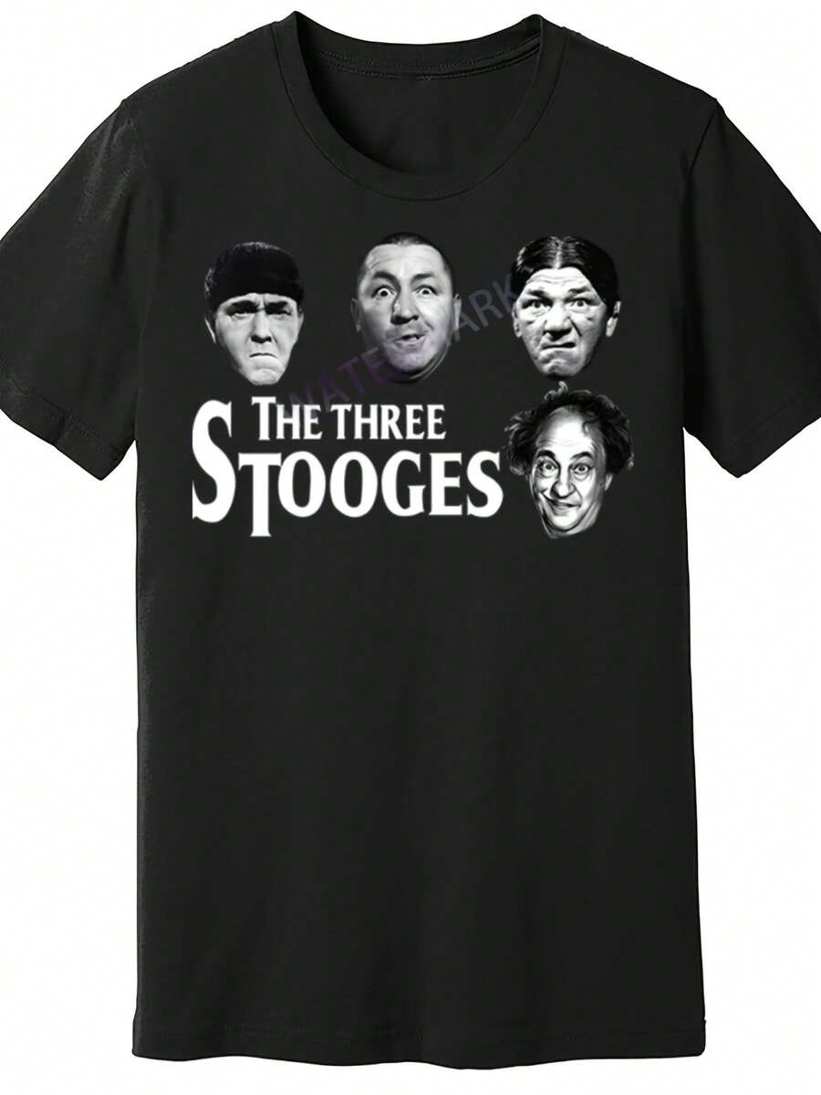 Three Stupid Graphic Tee - Slim Fit Short Sleeve Tee Featuring The Iconic Comedy Trio (Moe, Larry, And Curly), Machine Washable Casual Tee For Year-Round Wear, Nostalgic Style. With A Crisp, Streamlined Cut, This Garment Creates A Clean And Vibrant Look. Its Relaxed Yet Flattering Silhouette Suits All Body Types, Offering A Style That Is Both Casual And Sophisticated. - 黑色 - 查看 1