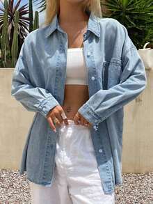 Blusa de mezclilla de manga larga y cuello vuelto holgada para mujer, chaqueta de mezclilla, ropa de mujer para otoño - Azul - Ver 4