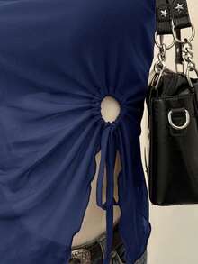 2 piezas Top de mujer con bajo asimétrico y borde de lechuga con cordón lateral, nueva llegada - Azul marino - Ver 5