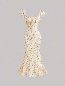 Vestido largo de verano con estampado floral ditsy en color albaricoque, vestido de vacaciones, vestido maxi floral crema para invitada de boda, estilo cottagecore, ajuste ceñido con mangas abullonadas, estética romántica vintage, vestido de ver - Albaricoque - Ver 6