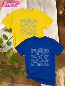 Women's T-Shirts, Women's T-Shirts, Women's Casual One-Piece T-Shirt With Sea Creature Print, Shells, Starfish And Bows, Comfortable Top [One-Piece Set]. # ] - 1件黑色隨機圖案 - 查看 6