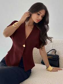 Blusa casual de manga murciélago asimétrica de unicolor mostaza, elegante, simple, estilosa y minimalista, versátil para el uso diario y el transporte, de alta gama, minimalista y desconstructiva, con manga de murciélago oversize y cuello en V de - Burdeos - Ver 4