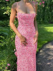 Y2K Floral Print Long Dress With Thin Straps, Bodycon Summer Dress With Deep V-Neck, Sexy Backless Summer Dresses, Streetwear - 黑色 - 查看 12