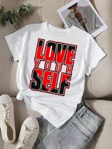 Gift: 1 White Women's T-Shirt With "Love Yourself" Print, Round Neck, Casual Cotton T-Shirt, Medium Stretch Knit Fabric, Regular Fit For Ladies, Ideal For Spring/Summer/Autumn, Soft. - 白色 - 查看 6