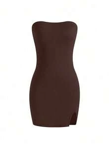 Vestido de tubo de color liso con abertura alta para ropa de Año Nuevo, minivestido corto para mujer - Café integral - Ver 3