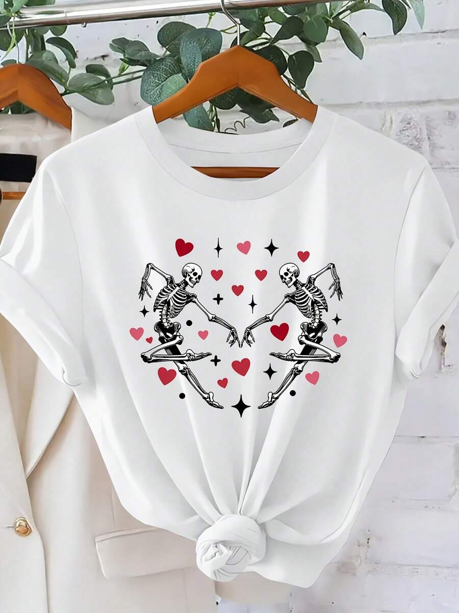 Women's Romantic Gothic T-Shirt With Bones And Hearts Print - Vintage Short Sleeve Crew Neck Top With Gothic Dance Graphics, Valentine's Day Outfit, Casual And Dance Wear, Machine Washable (Stock Collection) - 白色 - 查看 1