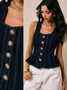 Nuevas blusas de mezclilla para mujer con cuello cuadrado, tirantes, decoración de hebilla metálica, volantes en la cintura y bajo, para otoño.Blusas de mezclilla azul oscuro, elegantes y de estilo francés para uso diario y viajes.Blusas verdes - Azul lavado oscuro 2 - Ver 1