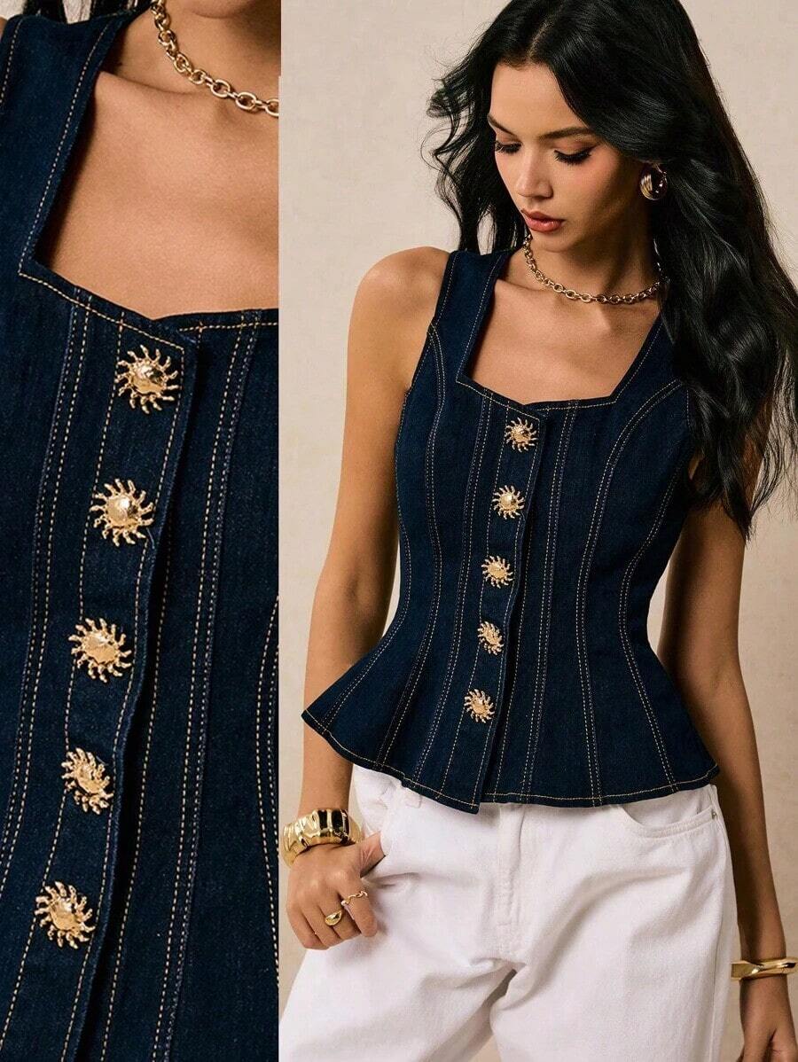 Nuevas blusas de mezclilla para mujer con cuello cuadrado, tirantes, decoración de hebilla metálica, volantes en la cintura y bajo, para otoño.Blusas de mezclilla azul oscuro, elegantes y de estilo francés para uso diario y viajes.Blusas verdes - Azul lavado oscuro 2 - Ver 1