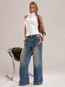 Parte superior de mujer de unicolor con escote pronunciado y espalda descubierta, top de mujer, blusa blanca de mujer, blusas y tops de mujer Xrlq9, ropa de mujer, camisetas de mujer, top de verano - Blanco - Ver 3