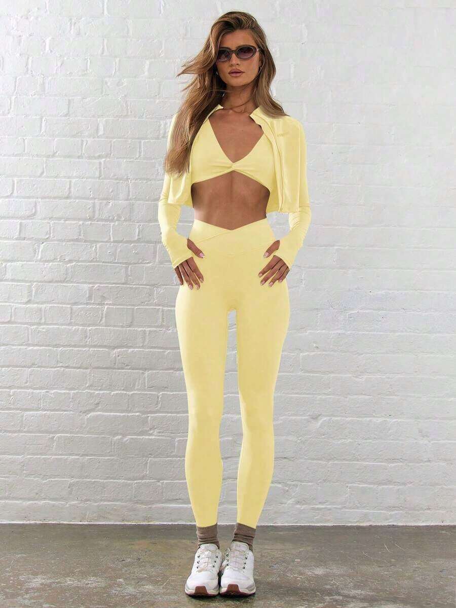 Sport Leggings ajustados de cintura contorneada y cruzada para actividades, pádel, tenis, pickleball, gimnasio, fitness, pilates y uso casual diario - Amarillo mantequilla - Ver 1