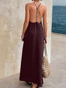 Vestido largo elegante de mujer con tirantes finos, espalda descubierta y lentejuelas, adecuado para fiestas, bodas, playa y vacaciones, color negro, para verano - Granada - Ver 6