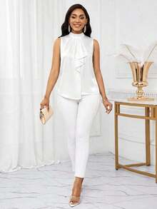 Lady Blusa sin mangas con estampado floral elegante y volante en el bajo, para verano - Blanco - Ver 3