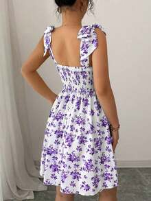 Nuevo vestido de línea A con lazo en el hombro y cintura, estampado floral diminuto, elegante y casual para vacaciones, con silueta favorecedora - Morado - Ver 2