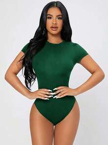 Body de mujer de manga corta, color blanco sólido, de uso versátil y casual - Verde Oscuro - Ver 7