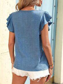 Blusa de cuello redondo con volantes y estampado de sombras florales primaverales para mujeres - Azul - Ver 2