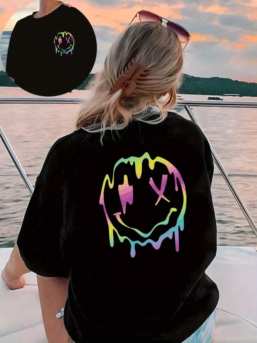 Camiseta Casual de Manga Corta con Estampado Gráfico en Frente y Espalda - Cuello Redondo, Diseño de Cara Alegre, Transpirable para Primavera/Verano, Lavable a Máquina, Moda Mujer - Negro - Ver 1