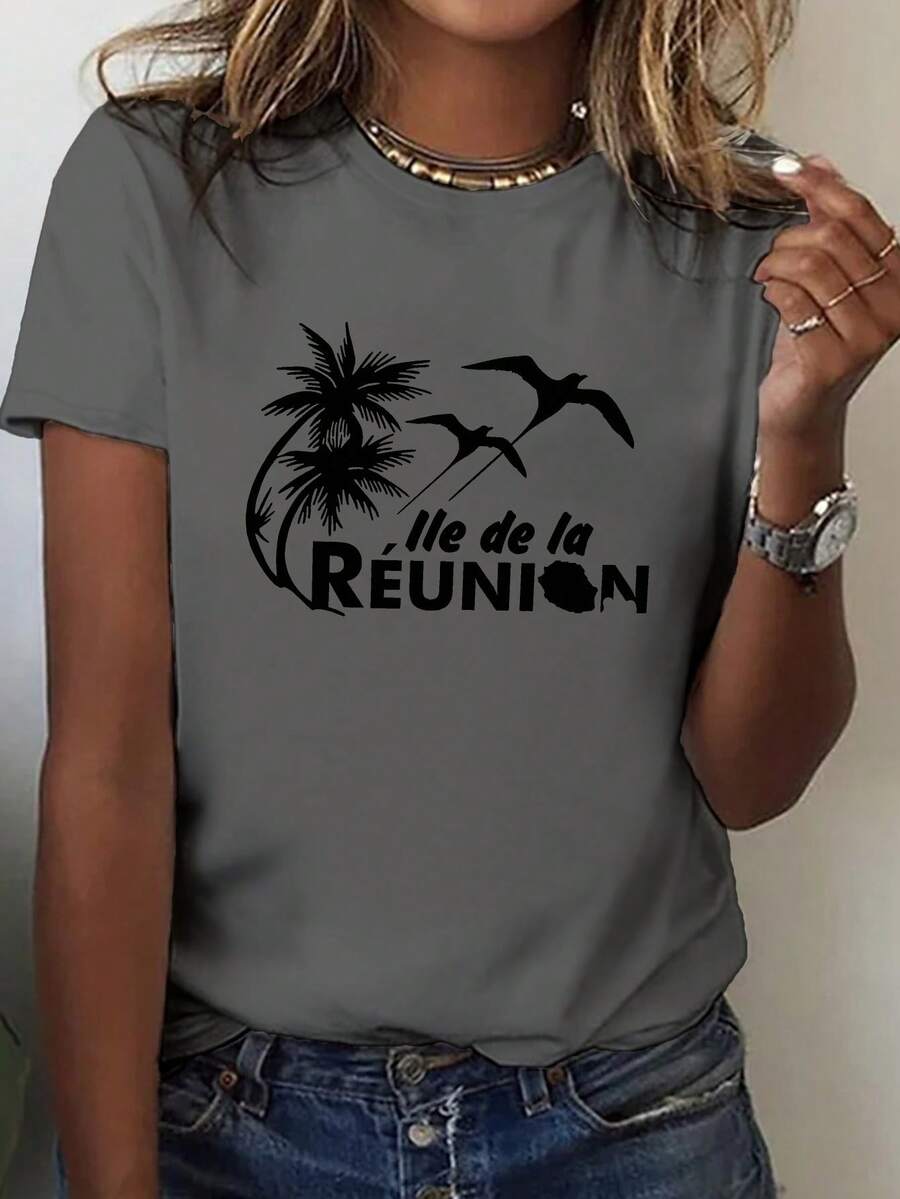 Camiseta casual de manga corta y cuello redondo con la Isla de la Reunión, perfecta para primavera y verano, diseñada para mujer - Gris Oscuro - Ver 1