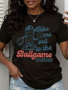 1 Piece "Take Me To The Game" Baseball Fan T-Shirt With Classic Peanut Character Design For Women And Men, Summer Casual Wear, 180g 100% Cotton - 黑色 - 查看 1