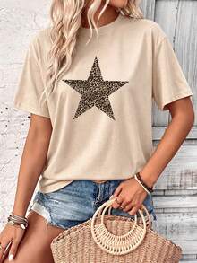 Playera Casual Oversize Mujer "Estrella de Leopardo" - Beige con Estampado de Estrella de Leopardo - Albaricoque - Ver 2