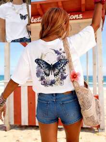 [Double-Sided Print Positive And Negative] Women's Summer Top With Watercolor Style, Floral Butterfly Print, Round Neck, Short Sleeve, Casual Daily T-Shirt - 白色的 - 查看 1