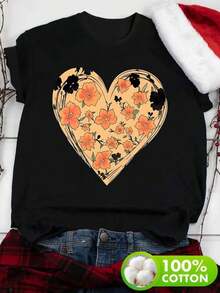 Plus Size Women's Clothing, Casual T-Shirt With Heart And Small Flowers Print For Valentine's Day, Fashionable Short Sleeve Round Neck Sports T-Shirt, Comfortable Top For Women - 黑色 - 查看 6