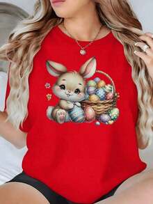 Basket With Colorful Eggs And Rabbit Ears That Evoke Joy And Renewal, Representing A Festive Symbol Of Hope. Soft And Comfortable 100% Cotton Women's T-Shirt, Ideal For Everyday Wear. - 紅色的 - 查看 1