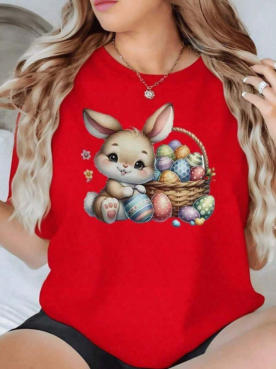 Basket With Colorful Eggs And Rabbit Ears That Evoke Joy And Renewal, Representing A Festive Symbol Of Hope. Soft And Comfortable 100% Cotton Women's T-Shirt, Ideal For Everyday Wear. - 紅色的 - 查看 1