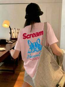 Women's Summer T-Shirt, American Vintage Style, Cream Color, With French Bulldog Print, Loose Fit, Versatile, Short Sleeve, Casual, White - ピンク - 查看 8