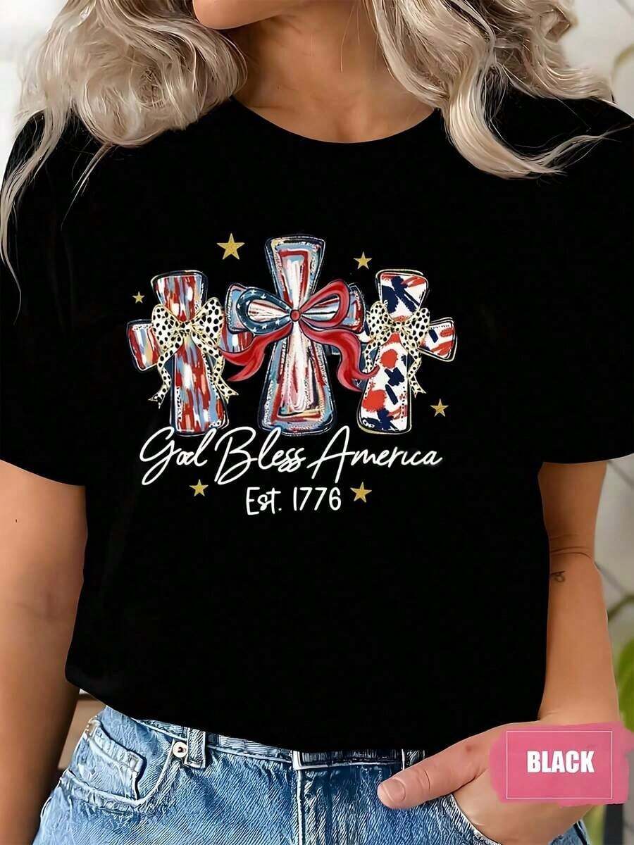 Women's T-Shirt With Patriotic Cross And Star Print "God Bless America Est. 1776" Round Neck And Short Sleeves For Casual Wear On Independence Day, Made Of Comfortable Fabric And Suitable For Gifting, 220g - 黑色 - 查看 1