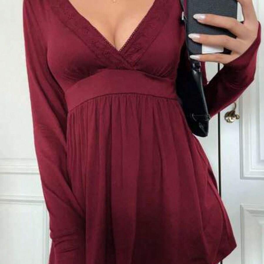 Sunshine Girl Sexy Fitted V-Neck Long Sleeve Knit Top, Casual Streetwear And Homewear For Summer Pink Spring - Burdeos - Ver 1