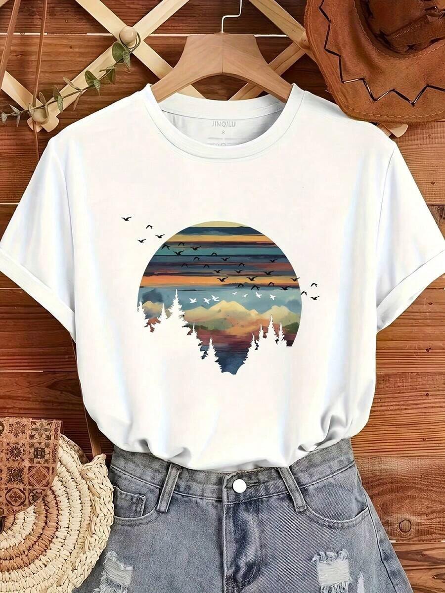 New Women's Casual Short Sleeve T-Shirt 2026 - Scenic Illustration Graphic T-Shirt - Oversized Summer Clothes - Casual Urban Style Round Neck Cotton T-Shirt - Summer Sets For Women - Loose Fit T-Shirt For Everyday Wear - Suitable For Spring, Summer And Autumn. - 白色 - 查看 1