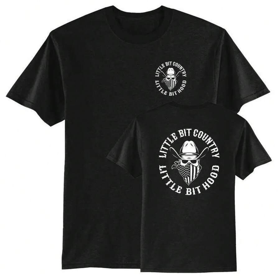 Camiseta con "LITTLE BIT COUNTRY LITTLE BIT HOOD" y Gráfico de Calavera de Vaquero: Declaración Audaz - Camiseta negra de 180 g - Ver 1