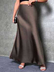Falda de estilo de cola de sirena de unicolor para mujer, falda de satén, falda larga elegante, adecuada para fiestas y uso diario - Café integral - Ver 5