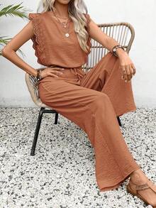 Conjunto de 2 piezas de blusa con ribete de encaje de unicolor y pantalones de pierna ancha para mujer, casual para vacaciones y viajes, primavera/verano - Naranja Coral - Ver 6