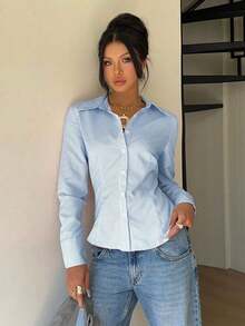 Camisa de manga larga de ajuste ceñido con cintura anudada a rayas rosa, blusa a rayas amarilla para mujer, nueva colección de otoño - Azul - Ver 5