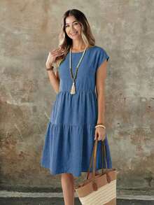 Vestido casual de mujer de manga corta, cuello redondo y longitud media, con aspecto de lino verde, para primavera/verano - Azul - Ver 3