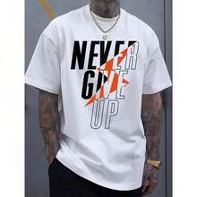 "Never Give Up" Inspirational T-Shirt - White With Black Lettering - Lightweight Yet Thick Crew Neck T-Shirt, Suitable For Men And Women - Casual Everyday Wear, Gym Gift, Machine Washable, Spring/Autumn/Summer Essential T-Shirt HHZQ - 黑色 - 查看 1