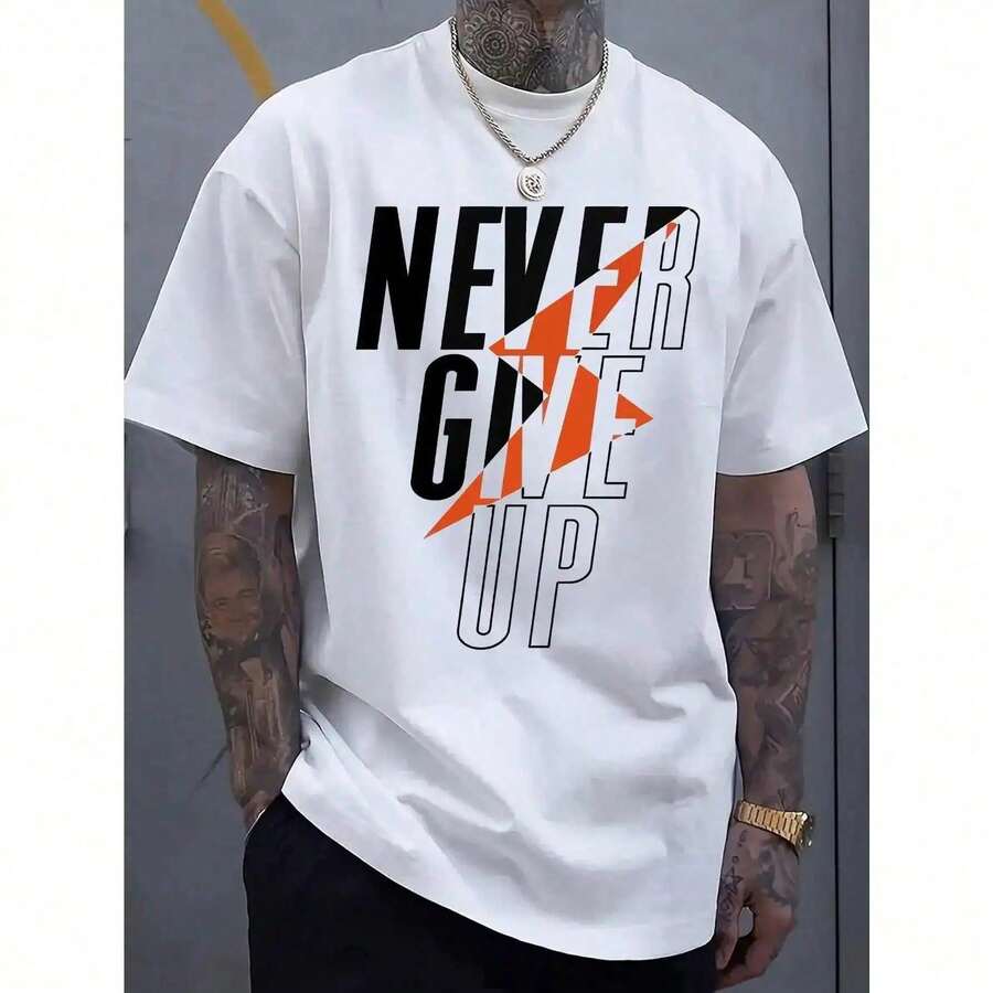 "Never Give Up" Inspirational T-Shirt - White With Black Lettering - Lightweight Yet Thick Crew Neck T-Shirt, Suitable For Men And Women - Casual Everyday Wear, Gym Gift, Machine Washable, Spring/Autumn/Summer Essential T-Shirt HHZQ - 黑色 - 查看 1