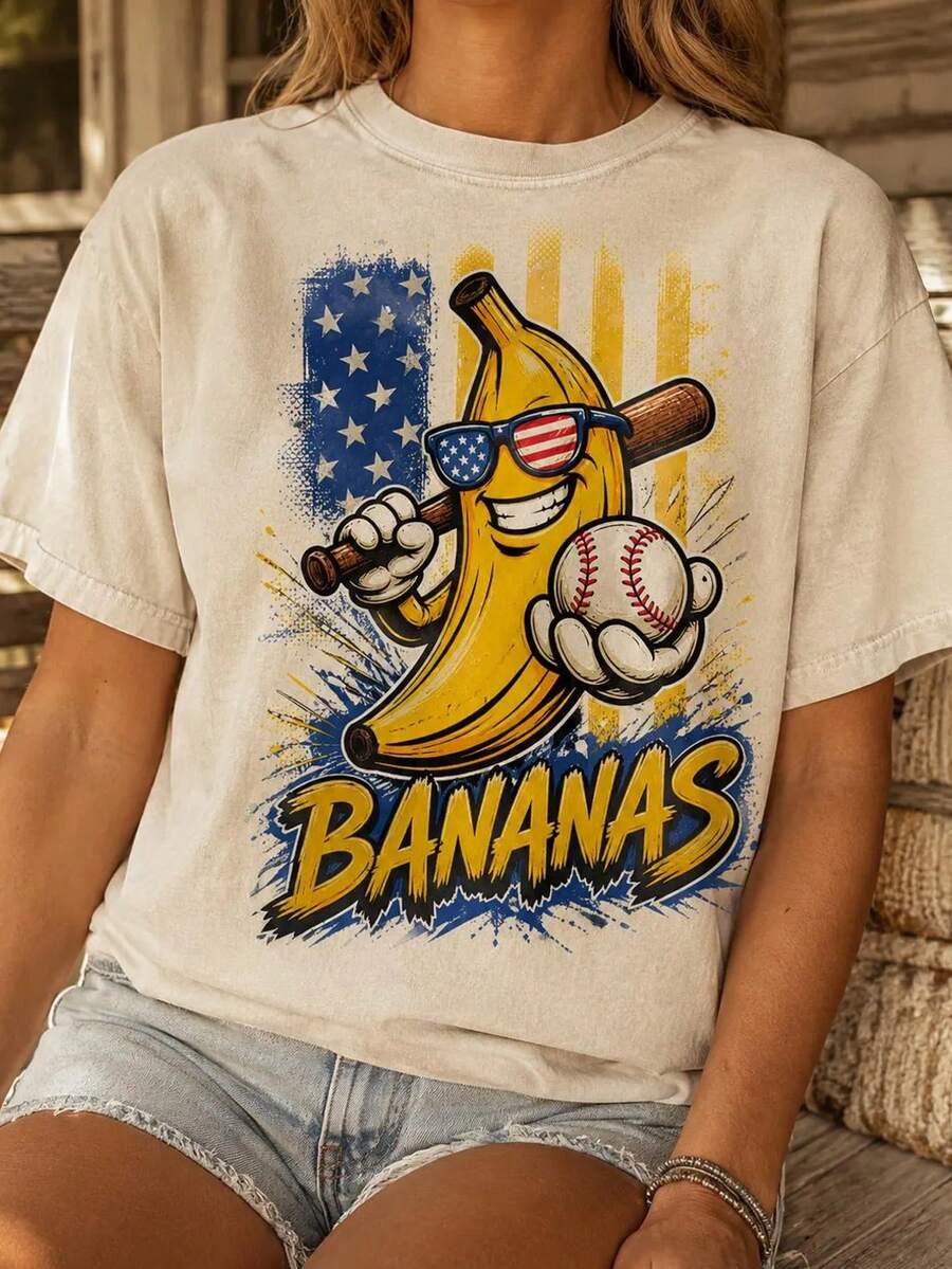 Comfortable Baseball Shirts With Banana Designs, Fun Short-Sleeved Shirts With Banana Team Motifs, Patriotic Gifts For Baseball Players And Sportswear For Game Day. - 杏色 - 查看 1