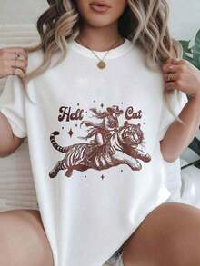ComfortableCamiseta de Mujer con Estampado de Gato Montado en Tigre con Estrellas, Camiseta Casual a la Moda para Mujer, Adecuada para Todas las Temporadas 
 Camisas casuales de mujer, camis - Blanco - Ver 8