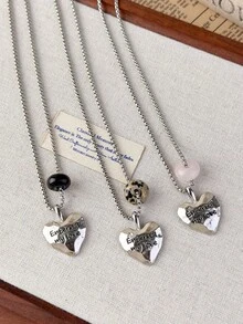 1pc Korean Style Personalized Stone Heart Letter Pendant Necklace, Unique High-End Sweater Chain, Versatile Daily Accessory For Women - Necklace - View 5