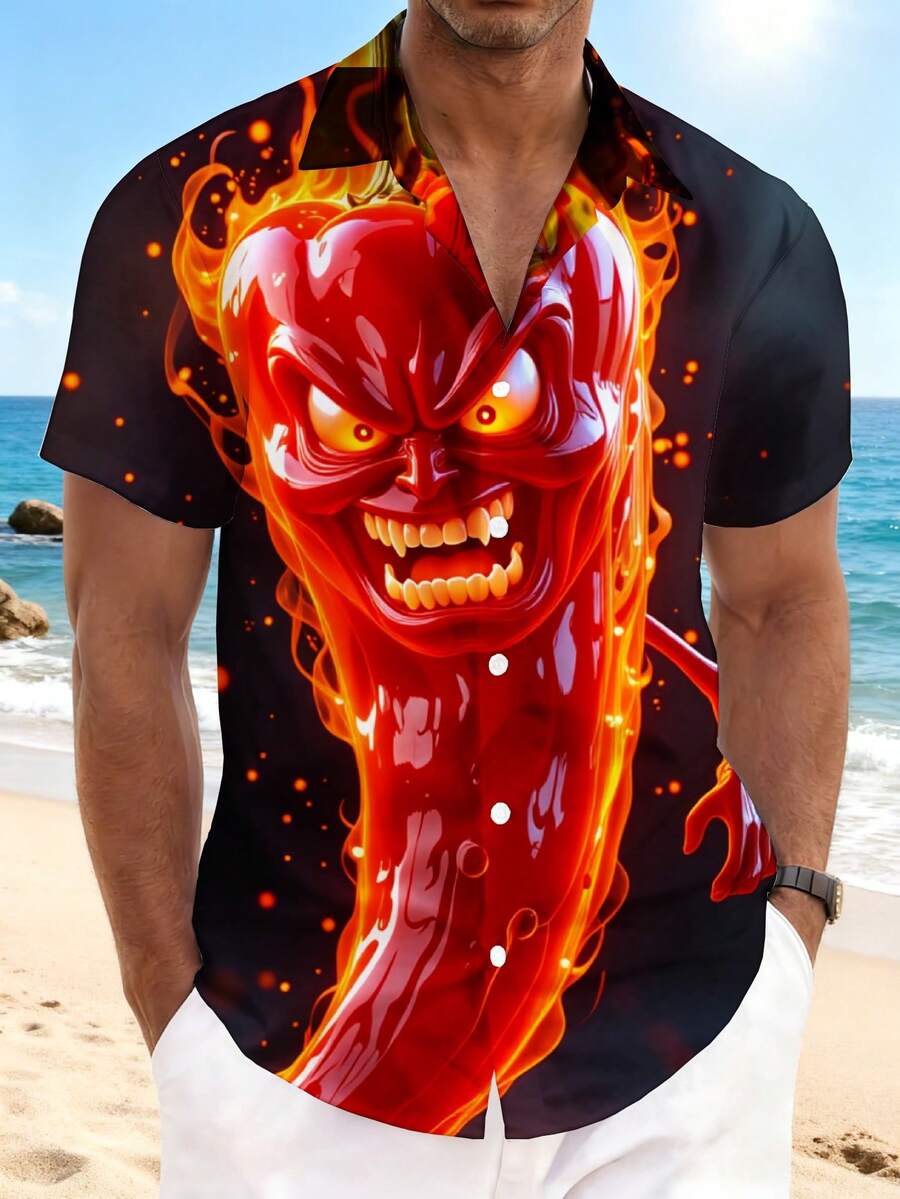 New Men's Fashionable And Casual Loose-Fit Shirt With Fiery Red Pepper Monster Design 2026 Summer New Style Beach And Outdoor Wear 3D Printing For Parties And Casual Outings Fabric Soft And Comfortable - 彩色 - 查看 1